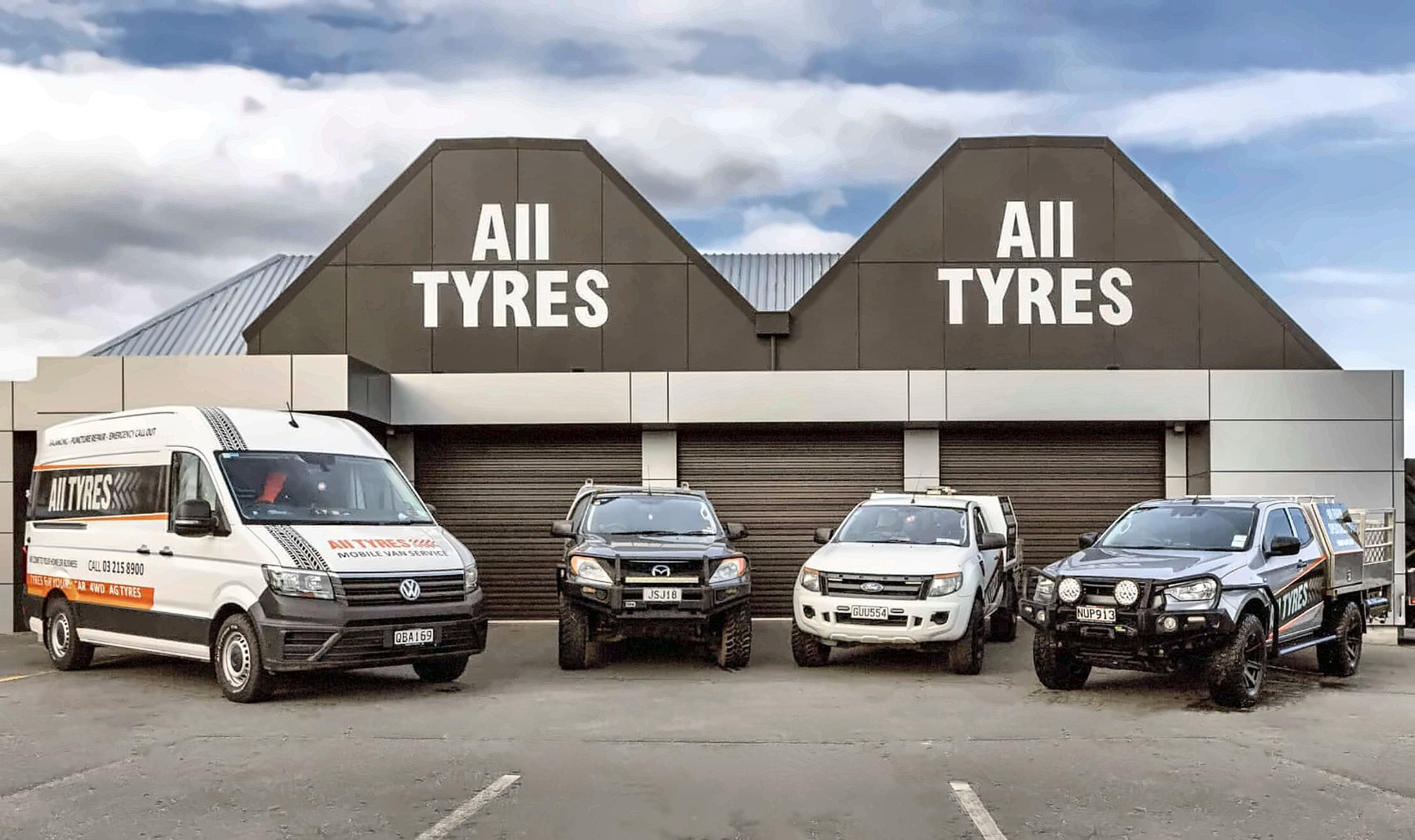 All Tyres workshop on North Road, Invercargill, with the mobile service fleet